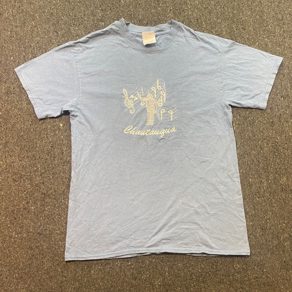 Chautauqua Music Conductor Graphic TShirt Sz M Mens Blue Retro Artsy Embroidered